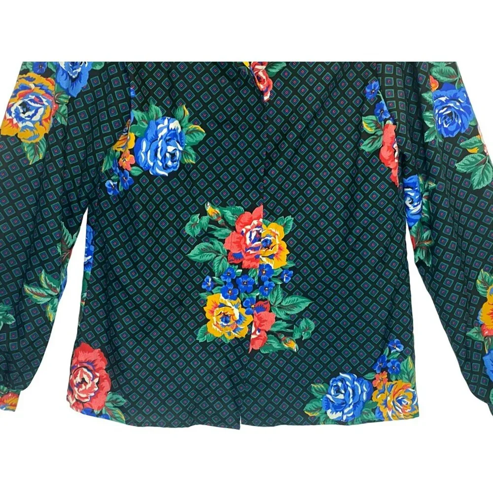 Vintage Clarissa Floral Black Button Up Blouse Shirt Womens Size 8 Secretary 80s - Picture 3 of 9